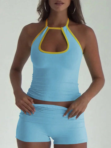 Summer Holiday Color Block Hollow Out Halterneck Crop Top And Shorts Slim Fit 2pcs Set