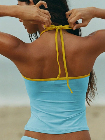 Summer Holiday Color Block Hollow Out Halterneck Crop Top And Shorts Slim Fit 2pcs Set