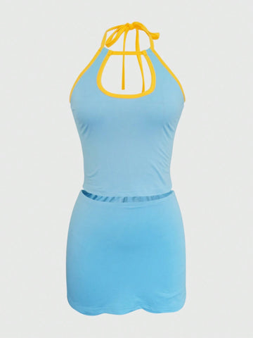 Summer Holiday Color Block Hollow Out Halterneck Crop Top And Shorts Slim Fit 2pcs Set