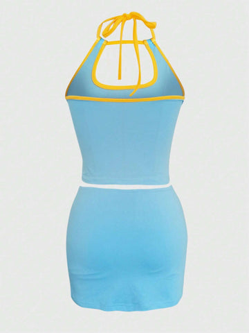 Summer Holiday Color Block Hollow Out Halterneck Crop Top And Shorts Slim Fit 2pcs Set