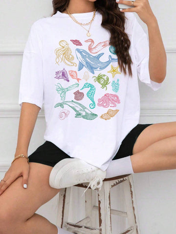 Summer Ocean-Themed Round Neck Loose Print Pattern 2pcs Set