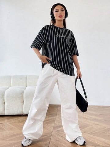 EZwear Summer Outfits Loose-Fit Casual T-Shirt With Text And Striped Pattern Drop Shoulder Sleeves