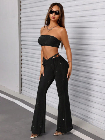 Summer Sexy Glitter Mesh Elastic Strapless Crop Top And Flared Pants Two Piece Set