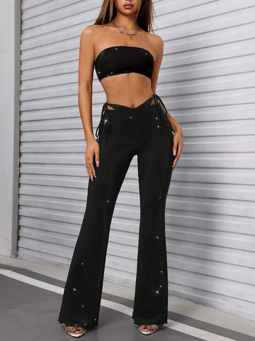 Summer Sexy Glitter Mesh Elastic Strapless Crop Top And Flared Pants Two Piece Set