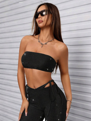 Summer Sexy Glitter Mesh Elastic Strapless Crop Top And Flared Pants Two Piece Set