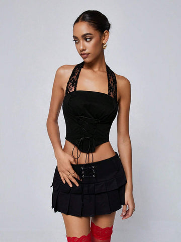 Summer Sheer Lace Spliced Halter Top With Pleated Mini Skirt Sweet And Cool 2pcs Set
