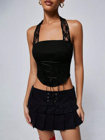 Summer Sheer Lace Spliced Halter Top With Pleated Mini Skirt Sweet And Cool 2pcs Set