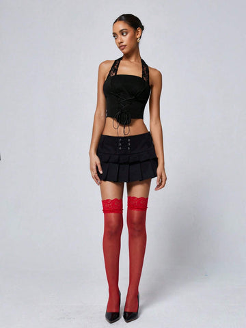 Summer Sheer Lace Spliced Halter Top With Pleated Mini Skirt Sweet And Cool 2pcs Set