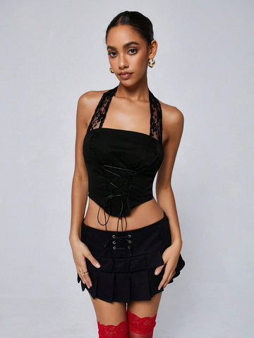 Summer Sheer Lace Spliced Halter Top With Pleated Mini Skirt Sweet And Cool 2pcs Set