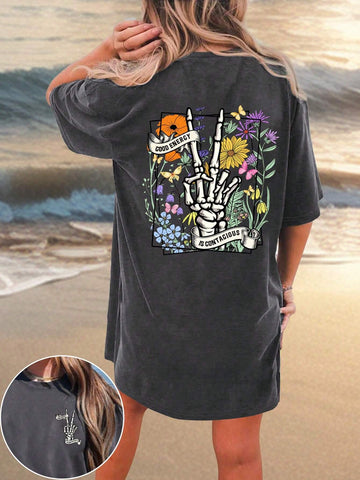 Summer Skull, Wild Flower Halloween Print Crew Neck T-Shirt Dress, Regular Size, Deep Grey