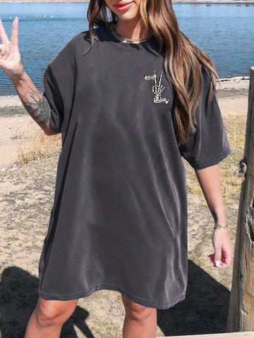 Summer Skull, Wild Flower Halloween Print Crew Neck T-Shirt Dress, Regular Size, Deep Grey