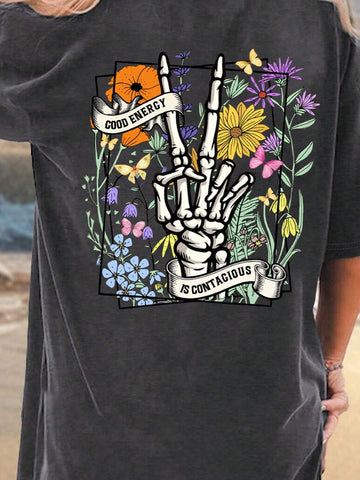 Summer Skull, Wild Flower Halloween Print Crew Neck T-Shirt Dress, Regular Size, Deep Grey