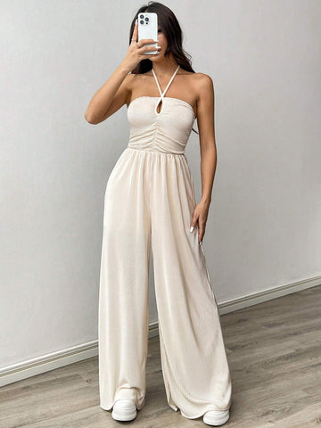 Summer Vacation Solid Color Halter Neck Jumpsuit