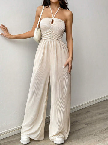 Summer Vacation Solid Color Halter Neck Jumpsuit