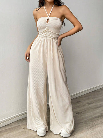 Summer Vacation Solid Color Halter Neck Jumpsuit