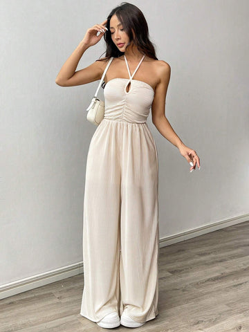 Summer Vacation Solid Color Halter Neck Jumpsuit