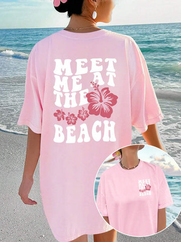 Summer Women's Loose Fit Casual T-Shirt With Slogan And Flower Print, Round Neck And Drop-