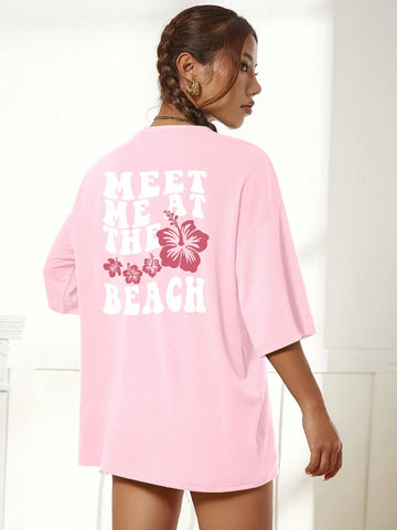 Summer Women's Loose Fit Casual T-Shirt With Slogan And Flower Print, Round Neck And Drop-