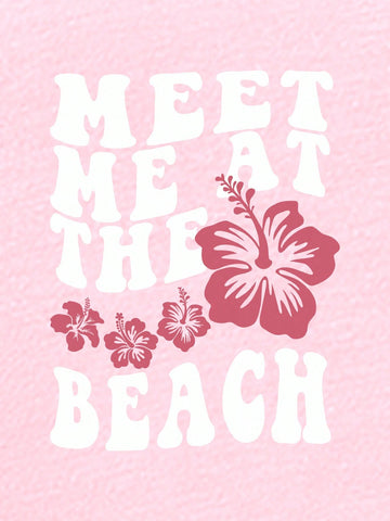 Summer Women's Loose Fit Casual T-Shirt With Slogan And Flower Print, Round Neck And Drop-