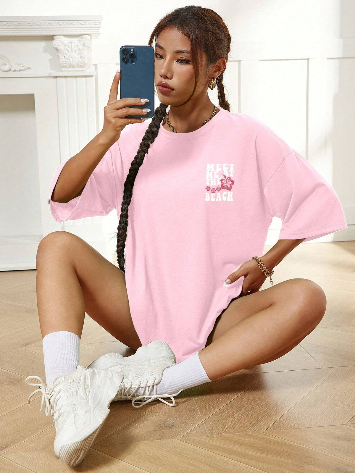 Summer Women's Loose Fit Casual T-Shirt With Slogan And Flower Print, Round Neck And Drop-