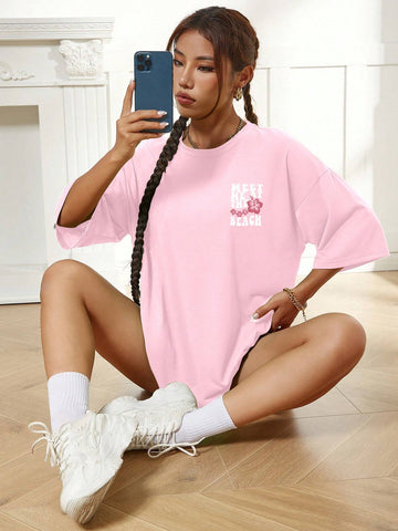 Summer Women's Loose Fit Casual T-Shirt With Slogan And Flower Print, Round Neck And Drop-