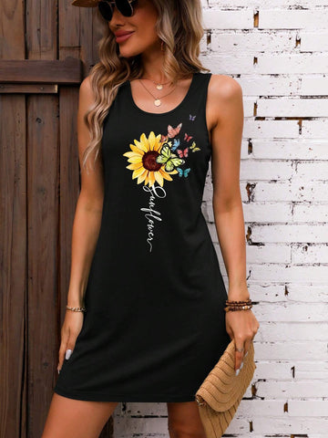 Sunflower Butterfly Graphic Tank Dress