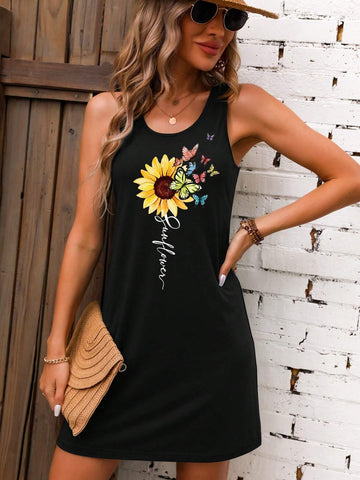 Sunflower Butterfly Graphic Tank Dress