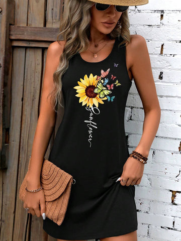 Sunflower Butterfly Graphic Tank Dress