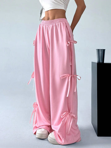 EZwear Sweet And Lovely Pink Bow Detail Knot Tie Waist Sweatpants For Spring And Summer