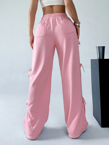 EZwear Sweet And Lovely Pink Bow Detail Knot Tie Waist Sweatpants For Spring And Summer