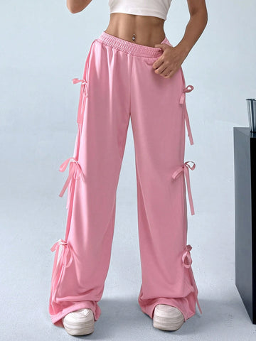 EZwear Sweet And Lovely Pink Bow Detail Knot Tie Waist Sweatpants For Spring And Summer