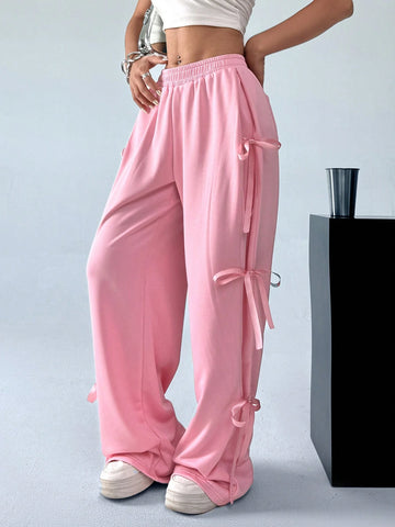 EZwear Sweet And Lovely Pink Bow Detail Knot Tie Waist Sweatpants For Spring And Summer