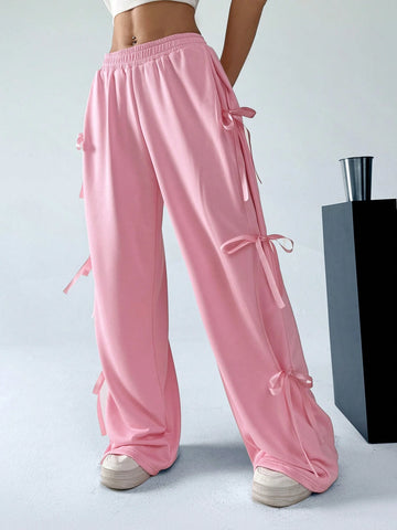 EZwear Sweet And Lovely Pink Bow Detail Knot Tie Waist Sweatpants For Spring And Summer