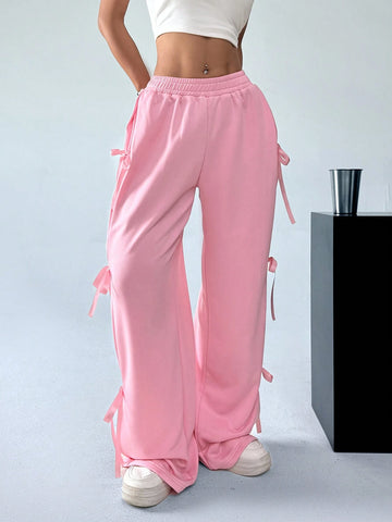EZwear Sweet And Lovely Pink Bow Detail Knot Tie Waist Sweatpants For Spring And Summer