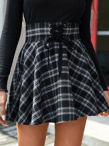 EZwear Tartan Print Lace Up Front Flared Skirt