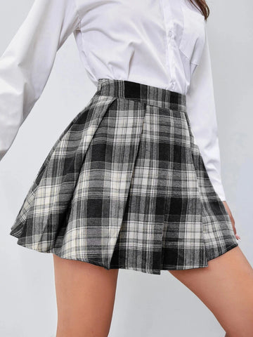 EZwear Tartan Print Pleated Skirt