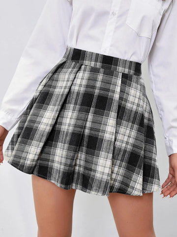 EZwear Tartan Print Pleated Skirt