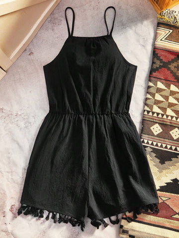 Tassel Hem Solid Halter Romper