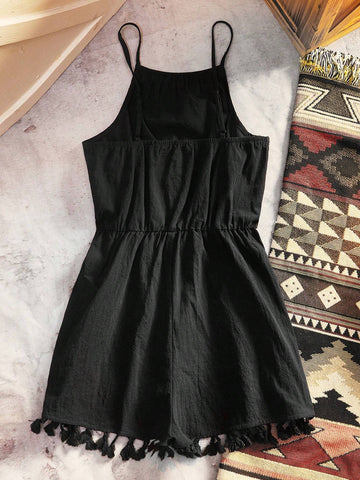 Tassel Hem Solid Halter Romper