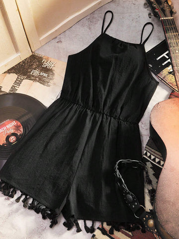 Tassel Hem Solid Halter Romper