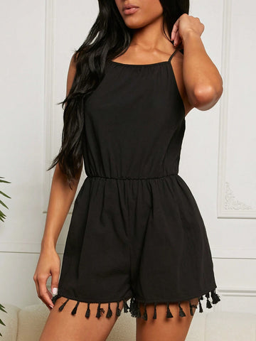 Tassel Hem Solid Halter Romper