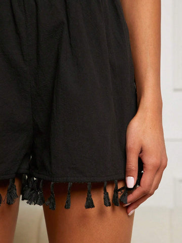 Tassel Hem Solid Halter Romper