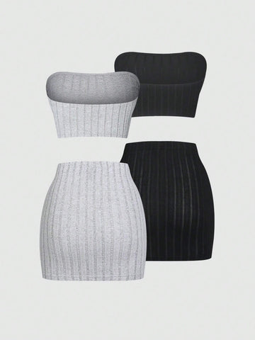 Texture-Grabbing Strapless Crop Top And Skirt Set