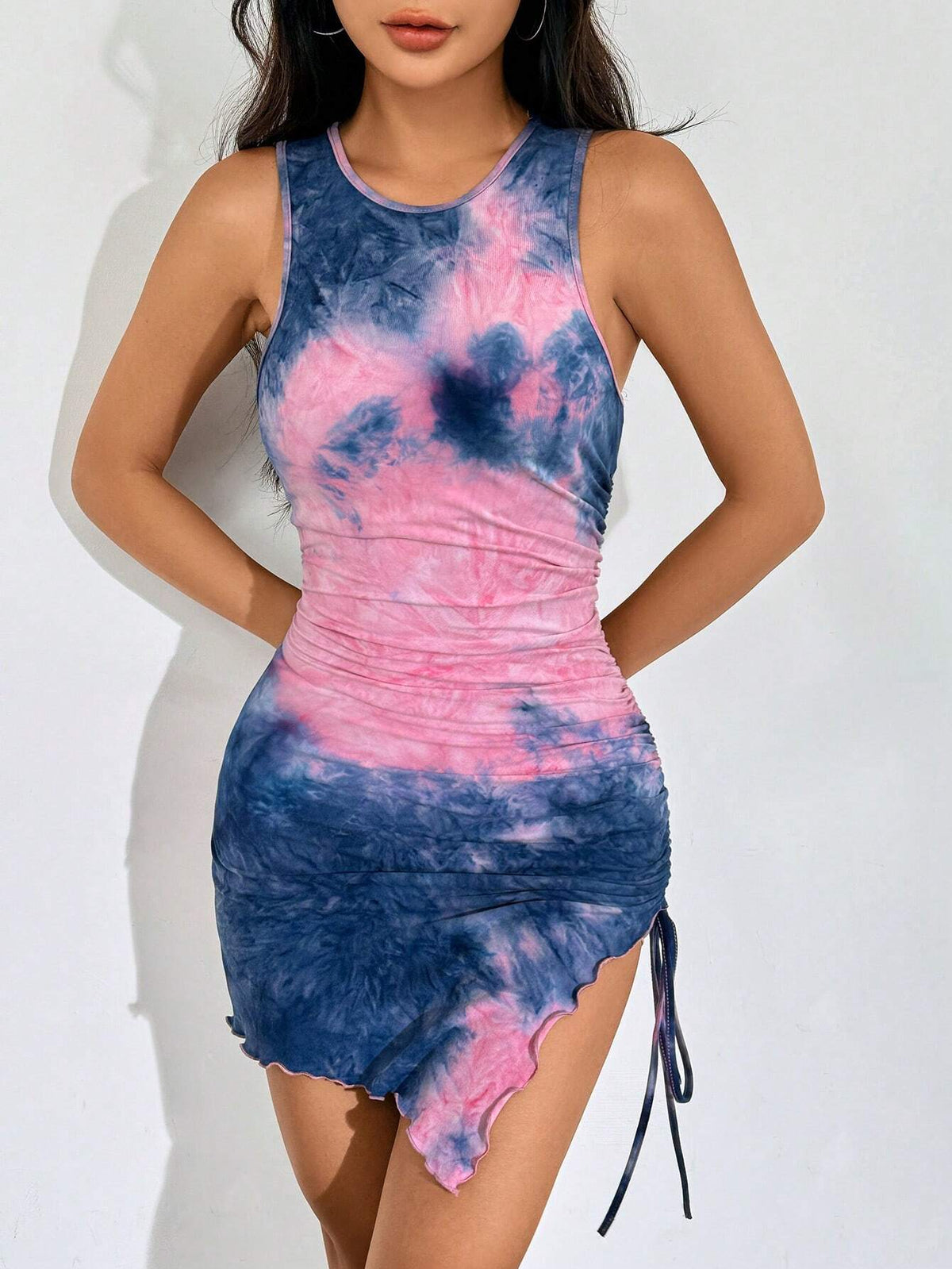 Tie-Dye Knitted Women's Sleeveless Bodycon Dress With Drawstring Detail On Side