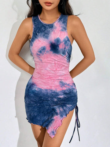 Tie-Dye Knitted Women's Sleeveless Bodycon Dress With Drawstring Detail On Side