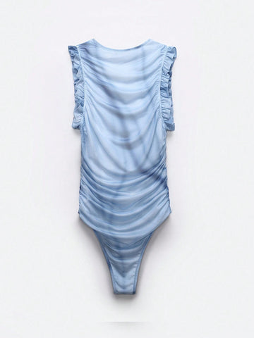 Tie-Dye Women's Summer Casual Romper With Pleated Patchwork And Ruffle Hem