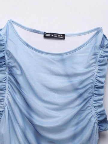 Tie-Dye Women's Summer Casual Romper With Pleated Patchwork And Ruffle Hem