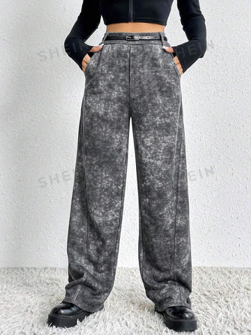 EZwear Tie Dye Slant Pocket Wide Leg Belted Sweatpants