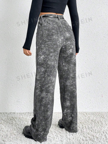EZwear Tie Dye Slant Pocket Wide Leg Belted Sweatpants