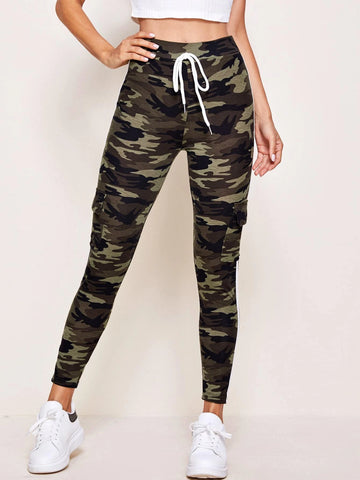 EZwear Tie Front Contrast Binding Flap Pocket Side Camo Sweatpants